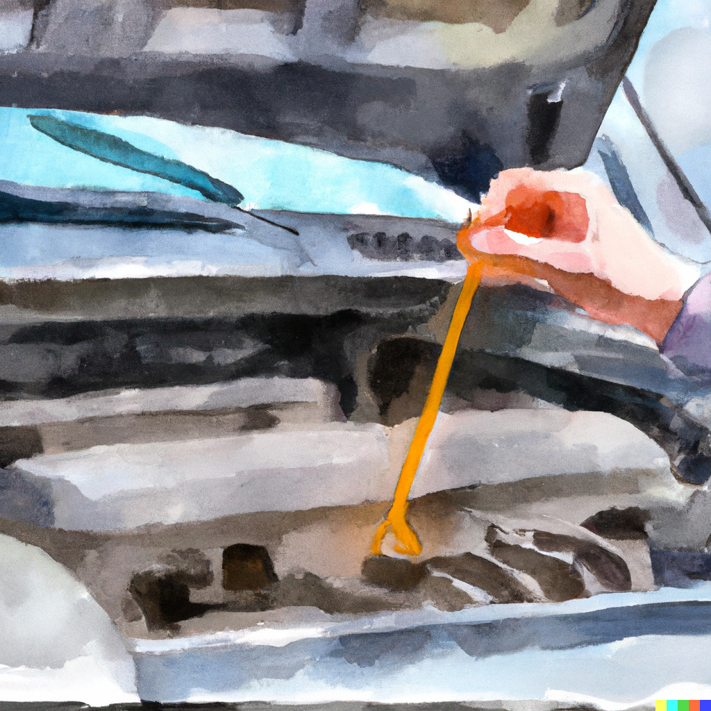 O persoană care verifică nivelul de ulei din mașină cu o jojă